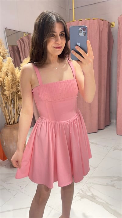 KORSE MODEL MİNİ ELBİSE-PEMBE