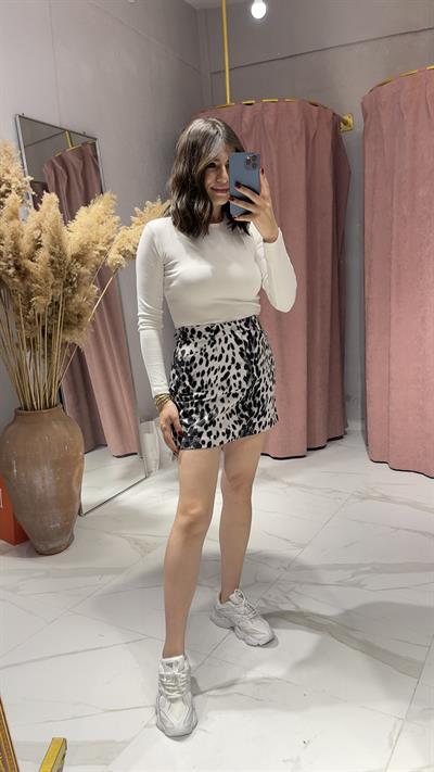 LEOPAR DESEN DENİM ETEK-LEOPAR DESEN