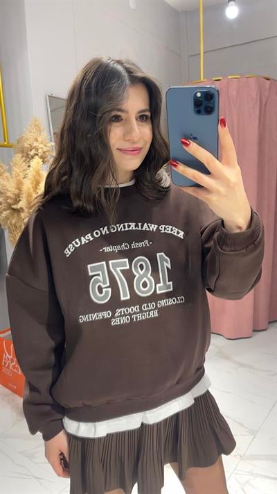 NAKIŞ DETAYLI SWEATSHİRT-KAHVERENGİ