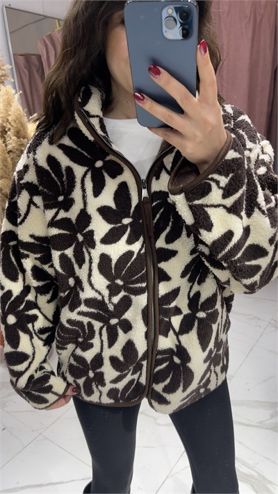 PAPATYA DESEN PELUŞ TEDDY CEKET-EKRU/KAHVE