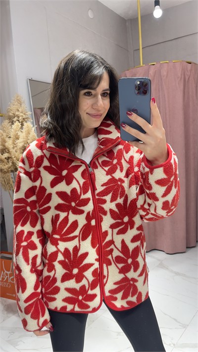 PAPATYA DESEN PELUŞ TEDDY CEKET-EKRU/KIRMIZI