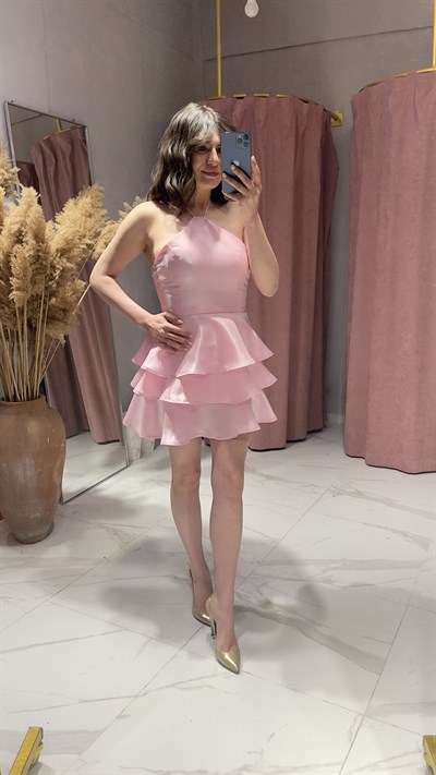 SATEN IŞILTILI VOLAN ELBİSE-PEMBE