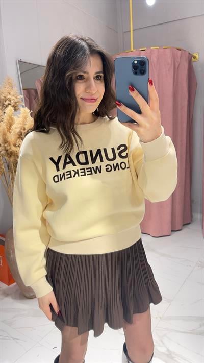 SUNDAY BASKI DETAYLI SWEATSHİRT-BEJ
