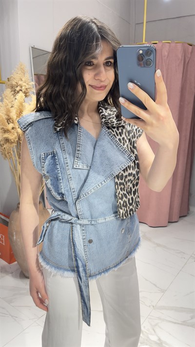 Tasarım Leopar Denim Yelek-MAVİ