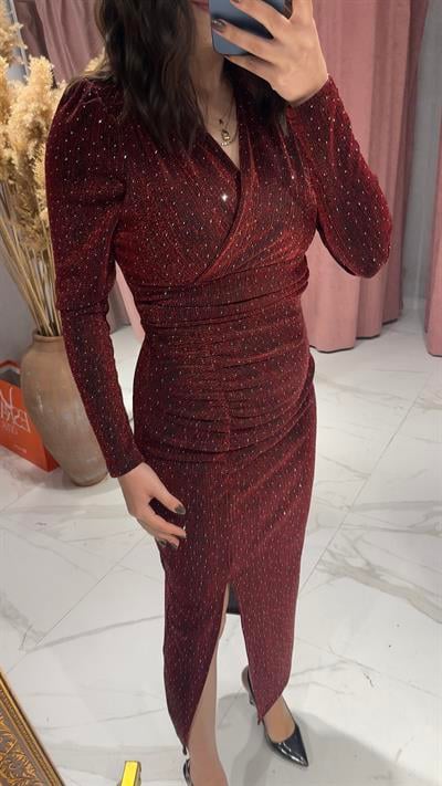 TAŞLI IŞILTILI SİM KUMAŞ DRAPE YIRTMAÇLI ELBİSE-BORDO