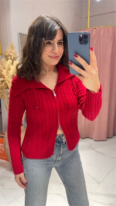 TMMY SAÇ ÖRGÜ MODEL TRİKO HIRKA-KIRMIZI