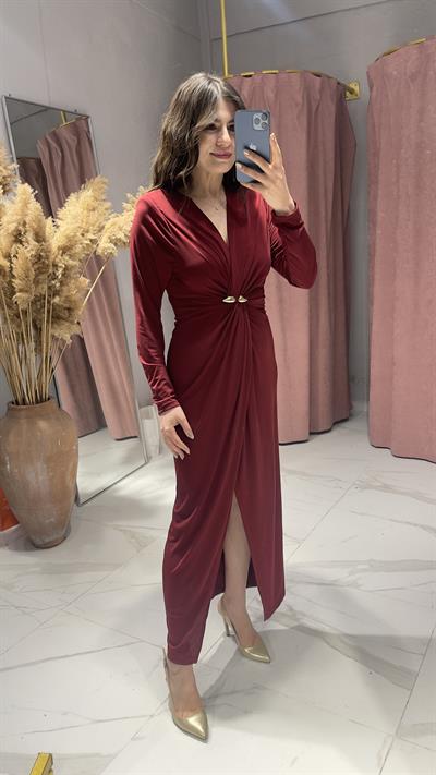 VATKALI V YAKA GOLD TOKA DETAYLI ELBİSE-BORDO