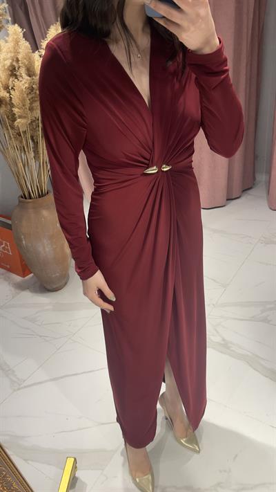 VATKALI V YAKA GOLD TOKA DETAYLI ELBİSE-BORDO
