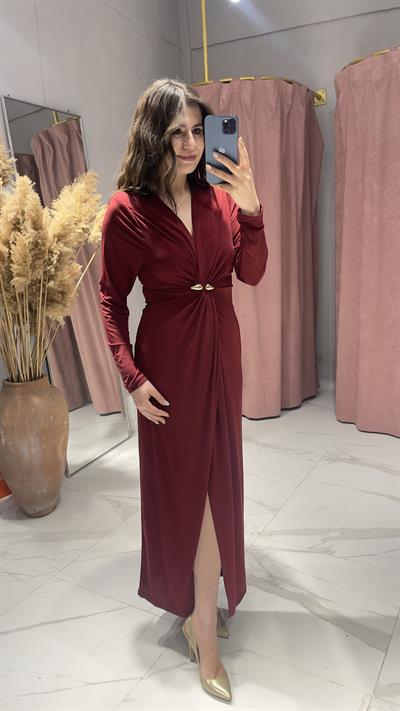 VATKALI V YAKA GOLD TOKA DETAYLI ELBİSE-BORDO