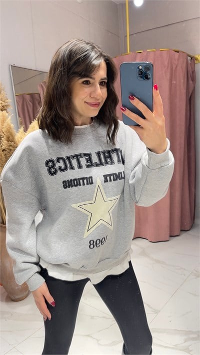 Yıldız Baskı Detaylı Sweatshirt-GRİ