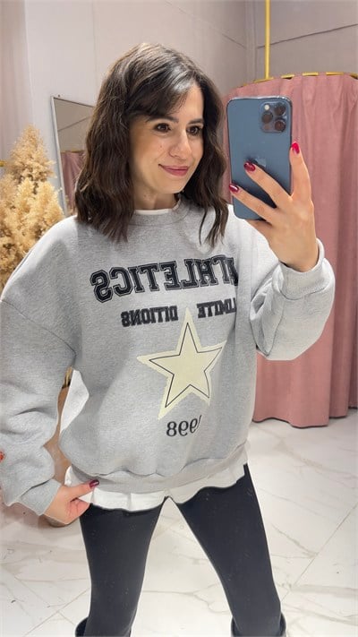 Yıldız Baskı Detaylı Sweatshirt-GRİ