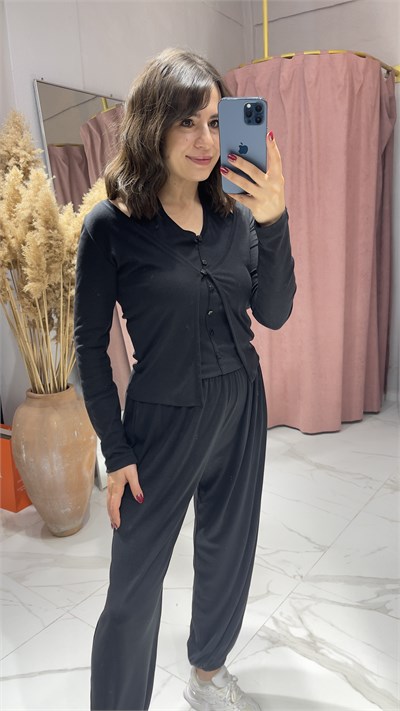 ZR MODEL KENDİNDEN YELEKLİ İNCE TAKIM-SİYAH