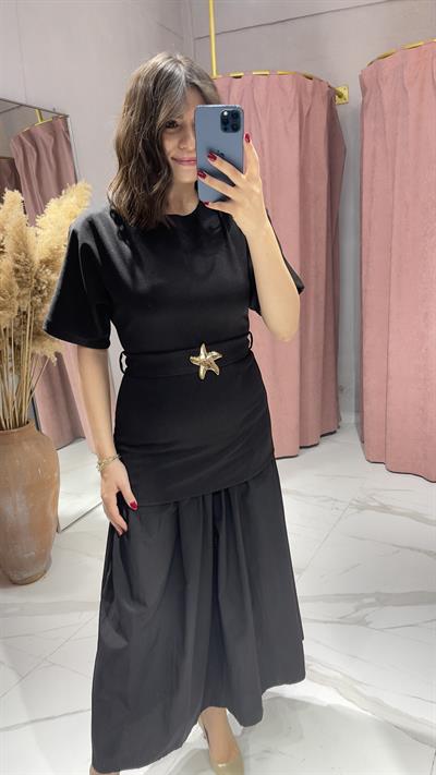 ZRA MODEL GOLD YILDIZ TOKALI ÇİFT KUMAŞ ELBİSE-SİYAH