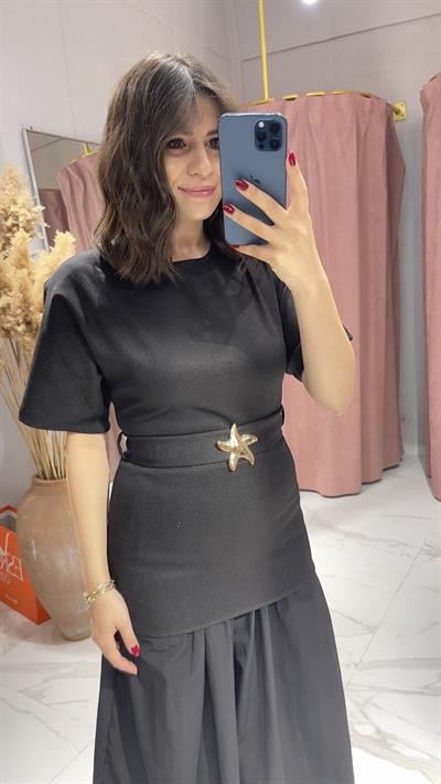 ZRA MODEL GOLD YILDIZ TOKALI ÇİFT KUMAŞ ELBİSE-SİYAH