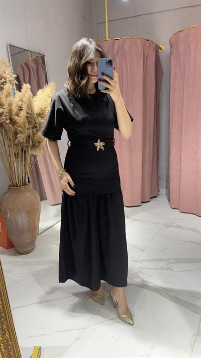 ZRA MODEL GOLD YILDIZ TOKALI ÇİFT KUMAŞ ELBİSE-SİYAH
