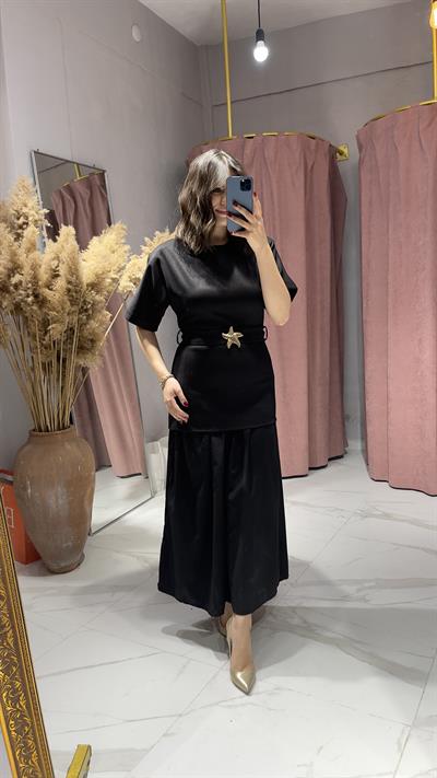 ZRA MODEL GOLD YILDIZ TOKALI ÇİFT KUMAŞ ELBİSE-SİYAH
