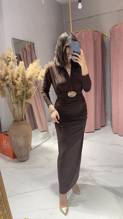 ZRA MODEL KEMERLİ ELBİSE-KAHVE