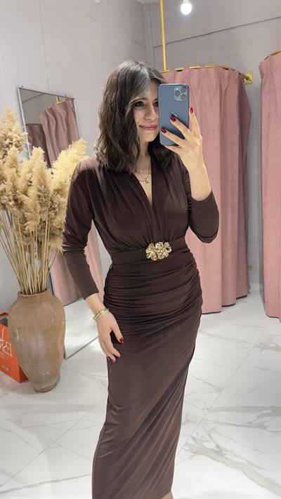ZRA MODEL KEMERLİ ELBİSE-KAHVE