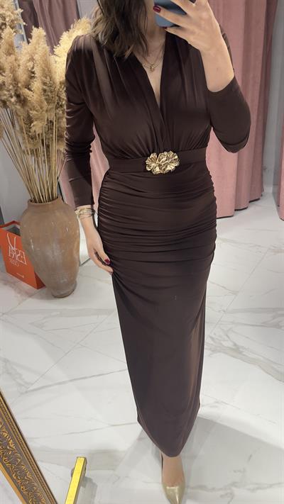 ZRA MODEL KEMERLİ ELBİSE-KAHVE