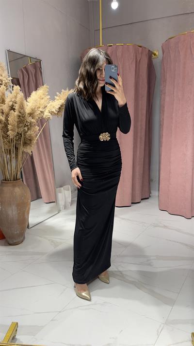 ZRA MODEL KEMERLİ ELBİSE-SİYAH