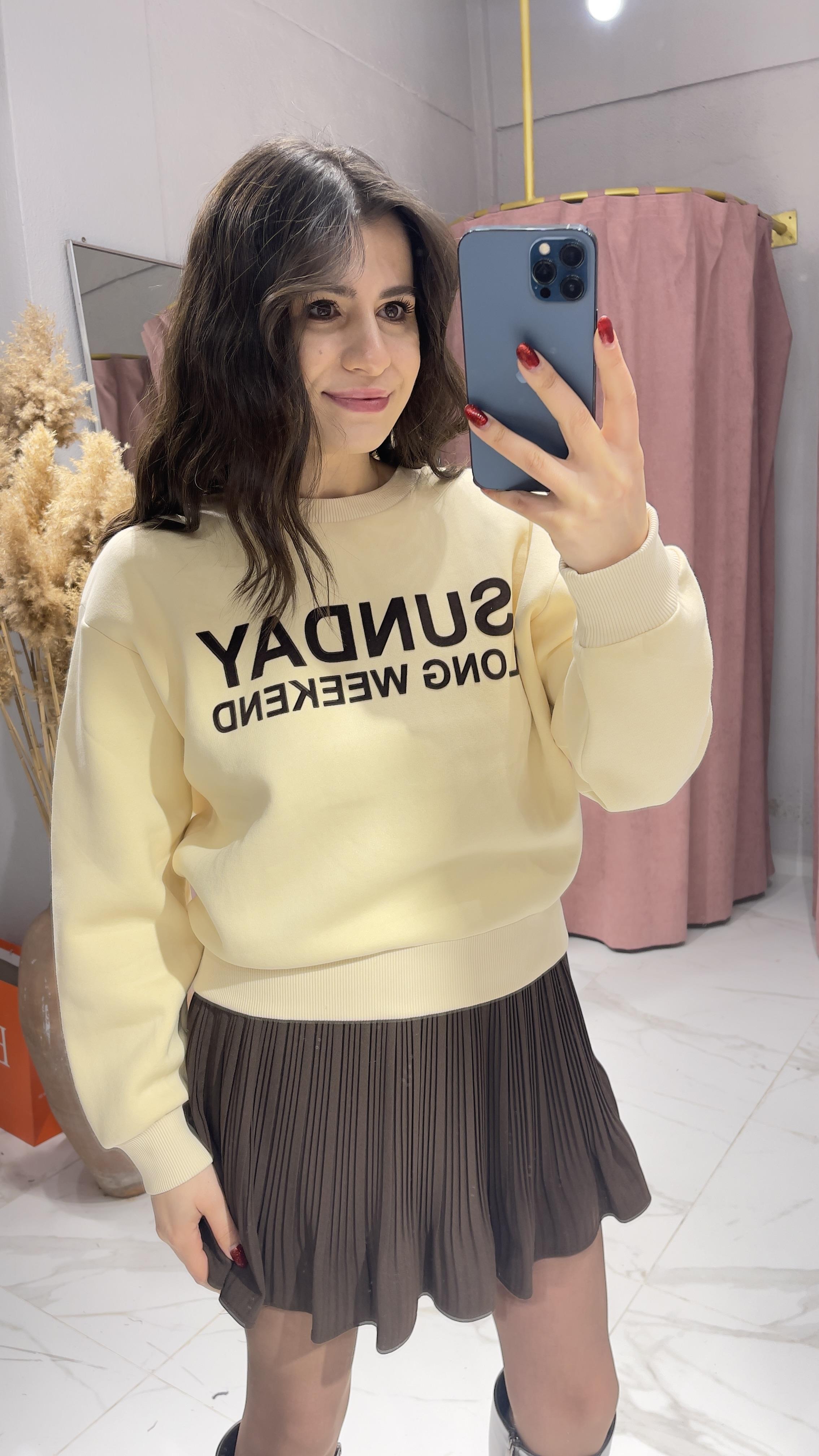 SUNDAY BASKI DETAYLI SWEATSHİRT-BEJ · 2