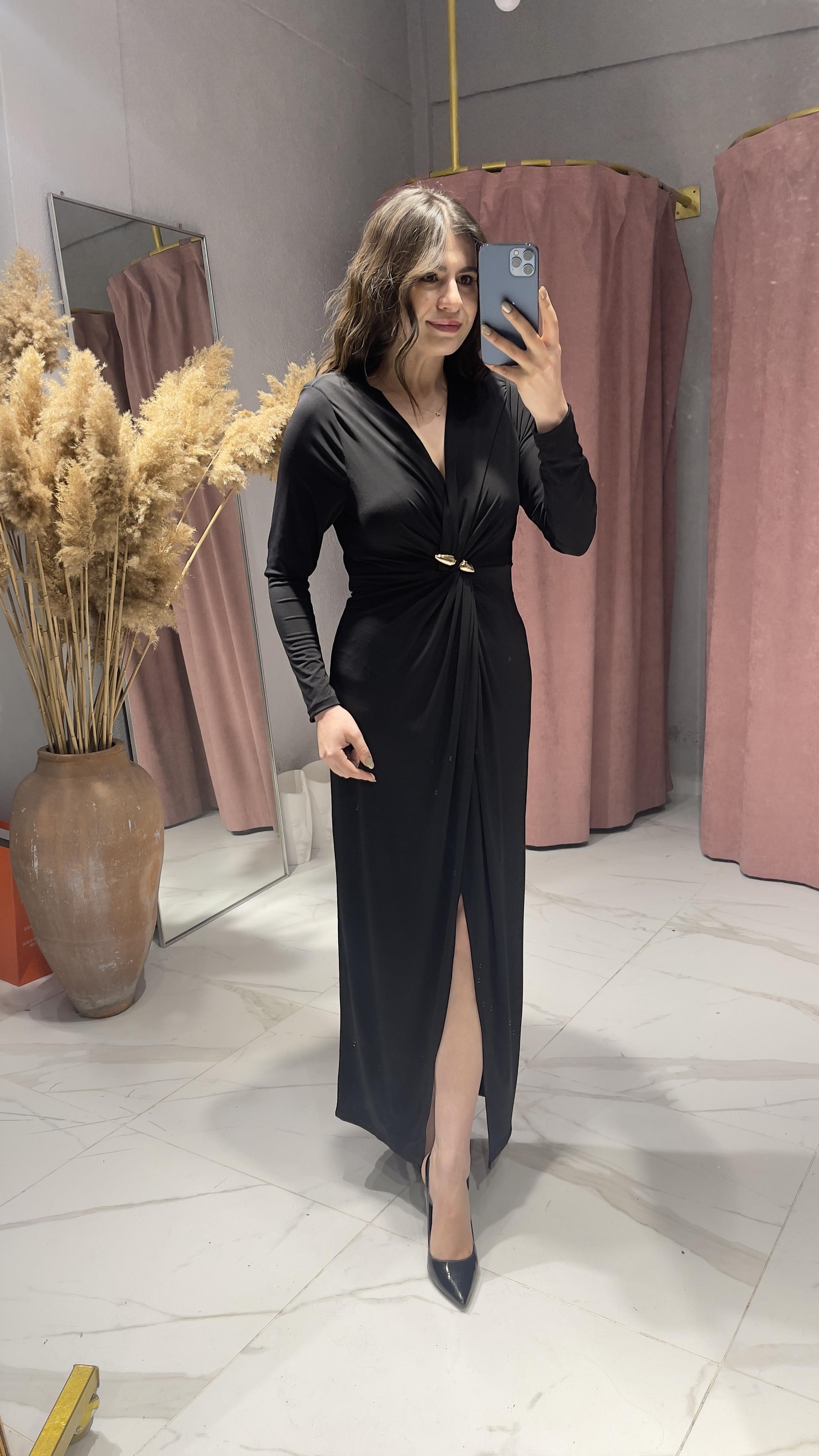 VATKALI V YAKA GOLD TOKA DETAYLI ELBİSE-SİYAH · 3