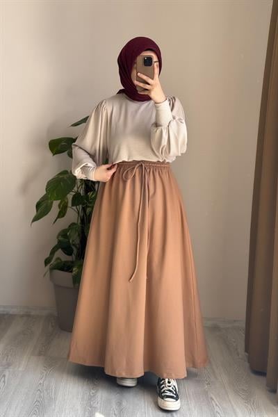 Bağcıklı Rahat Etek - Vizon