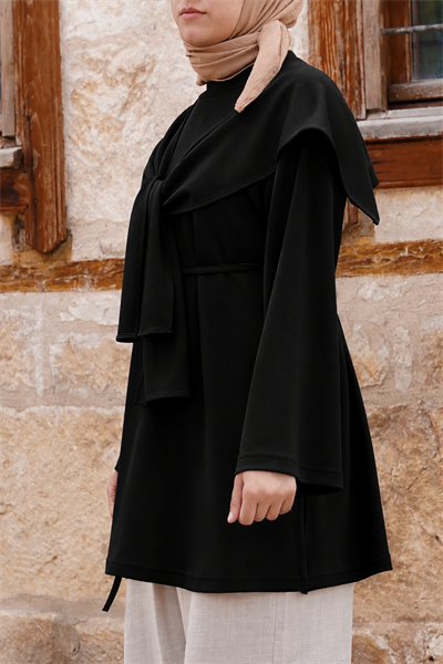 Bağlama Detaylı Fularlı Tişört - Siyah
