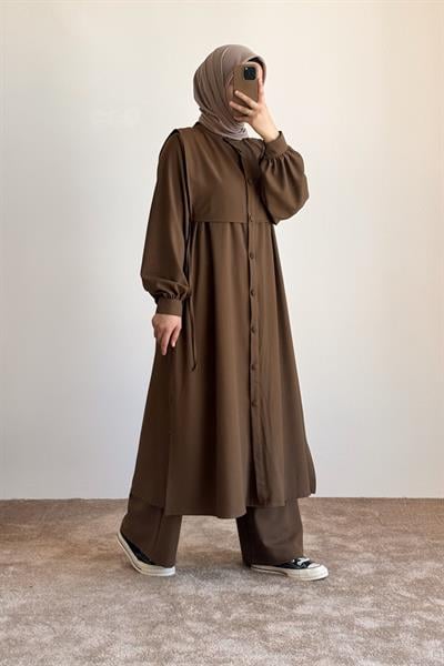 Bağlama Detaylı Pantolonlu Takım - Camel