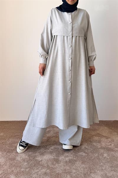 Bağlama Detaylı Pantolonlu Takım - Gri