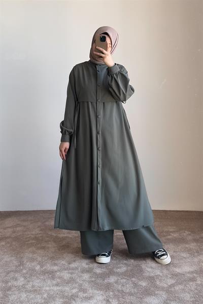 Bağlama Detaylı Pantolonlu Takım - Küf yeşili