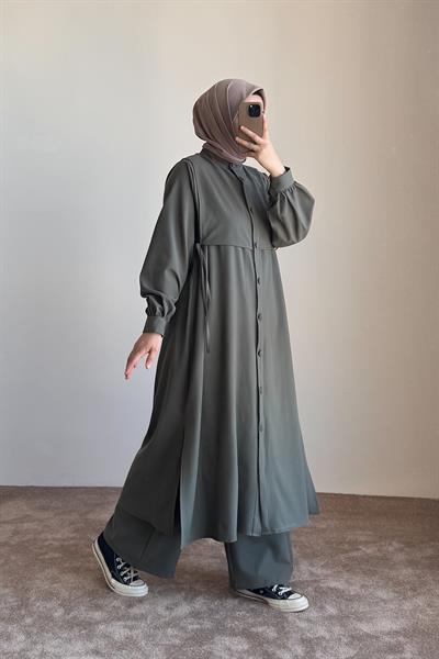 Bağlama Detaylı Pantolonlu Takım - Küf yeşili