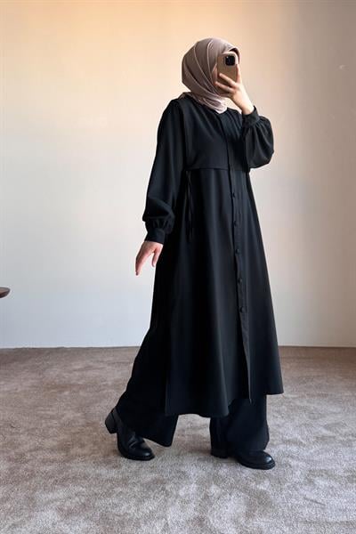 Bağlama Detaylı Pantolonlu Takım - Siyah