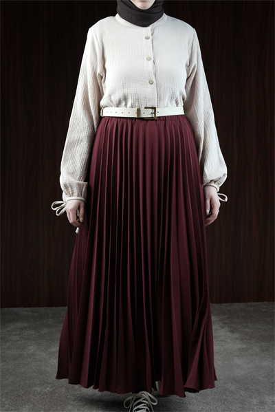 Basic Pileli Etek - Bordo