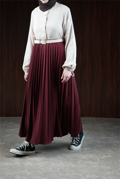 Basic Pileli Etek - Bordo