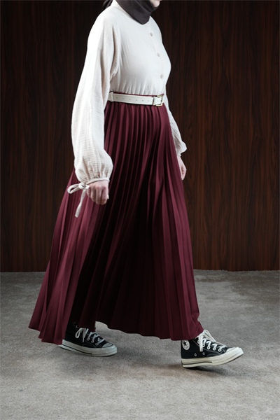 Basic Pileli Etek - Bordo