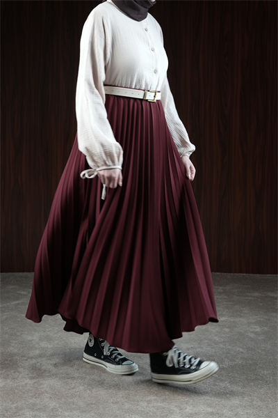 Basic Pileli Etek - Bordo