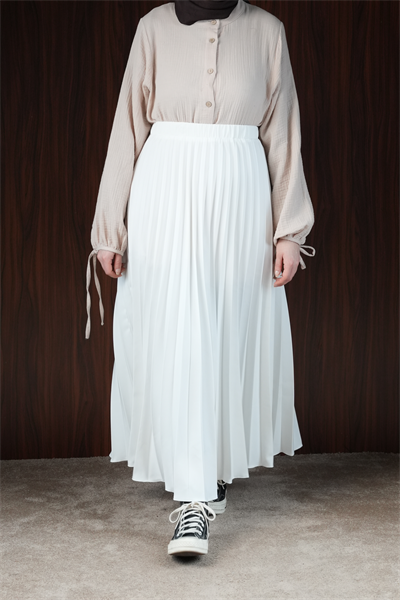 Basic Pileli Etek - Ekru