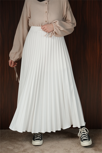 Basic Pileli Etek - Ekru