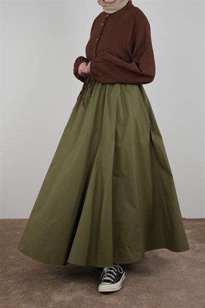 Beli Bağlamalı Gabardin Etek - Haki yeşil