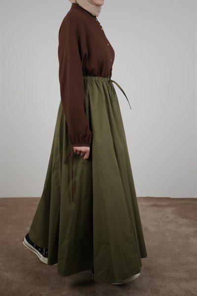 Beli Bağlamalı Gabardin Etek - Haki yeşil