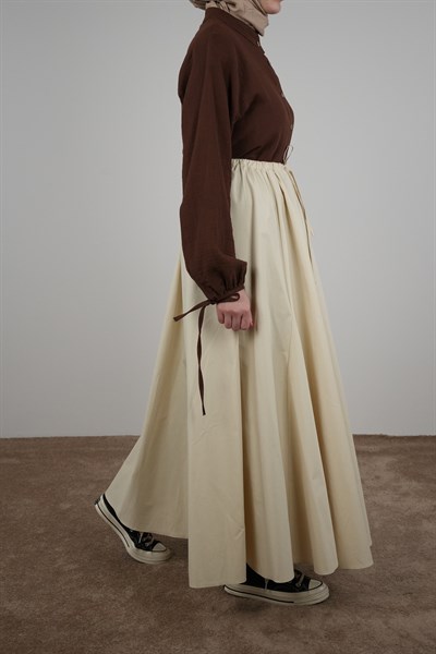 Beli Bağlamalı Gabardin Etek - Vanilya