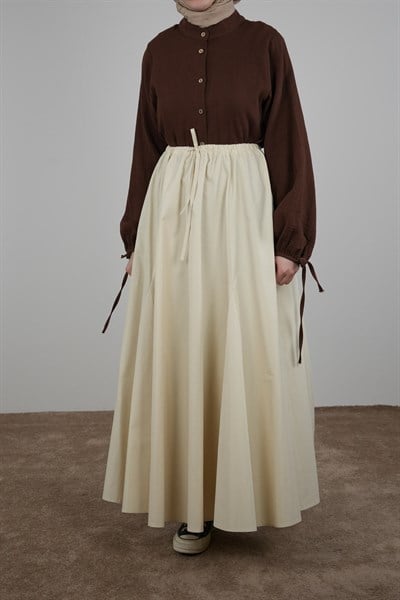 Beli Bağlamalı Gabardin Etek - Vanilya