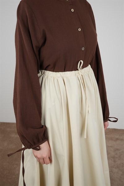 Beli Bağlamalı Gabardin Etek - Vanilya