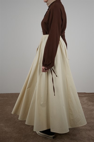 Beli Bağlamalı Gabardin Etek - Vanilya