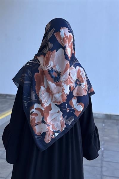 Classic Bloom Desen Pamuk Eşarp - Lacivert
