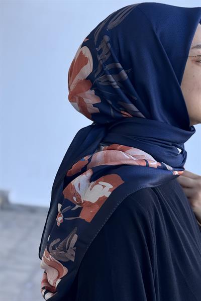 Classic Bloom Desen Pamuk Eşarp - Lacivert