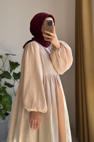 Classic Müslin Elbise - Bej