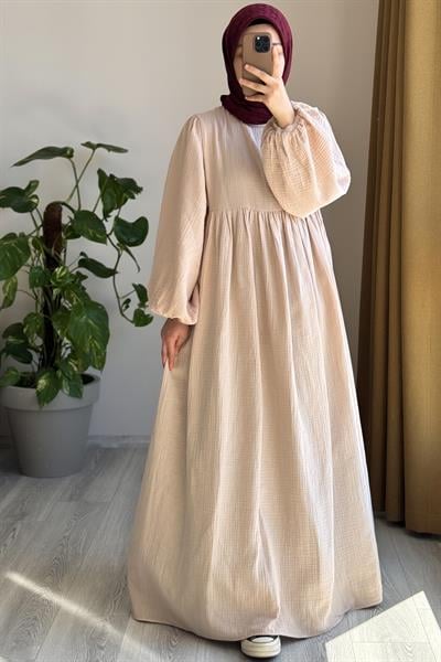 Classic Müslin Elbise - Bej