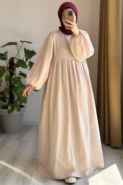 Classic Müslin Elbise - Bej